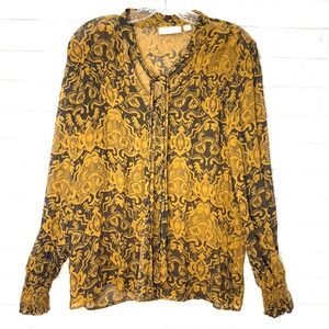 Hinge‎ Silk Top Womens Small Sheer Damask Tie Neck Boho Fall Holiday Romantic